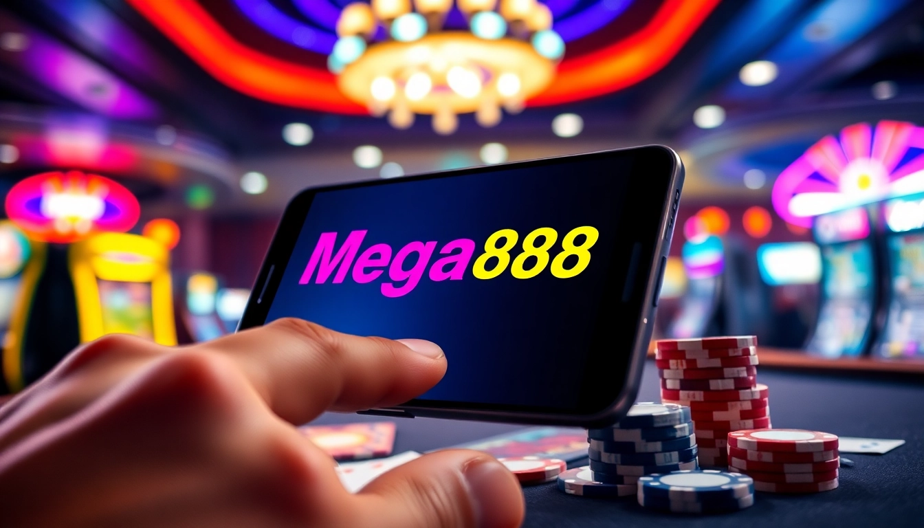Ketik aplikasi Mega888 Android pada telefon pintar di dalam suasana kasino yang meriah.