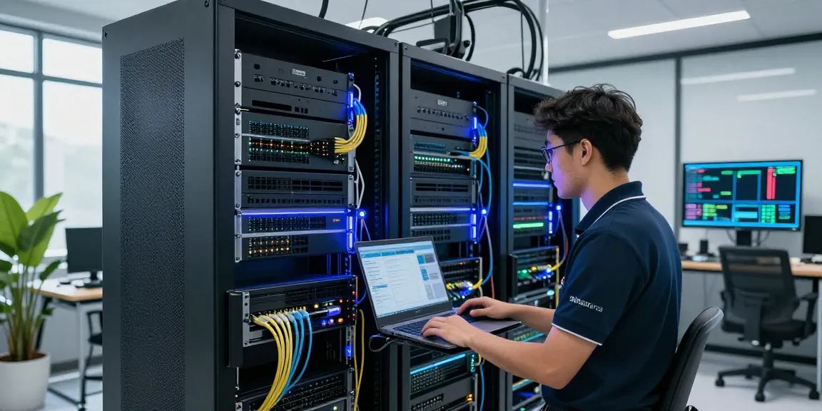 Web hosting en Mexico data center with technician managing servers and network equipment.