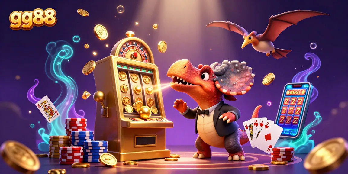 gg88 transforms gaming as dinosaurs play slots, catching coins in a vibrant casino scene.