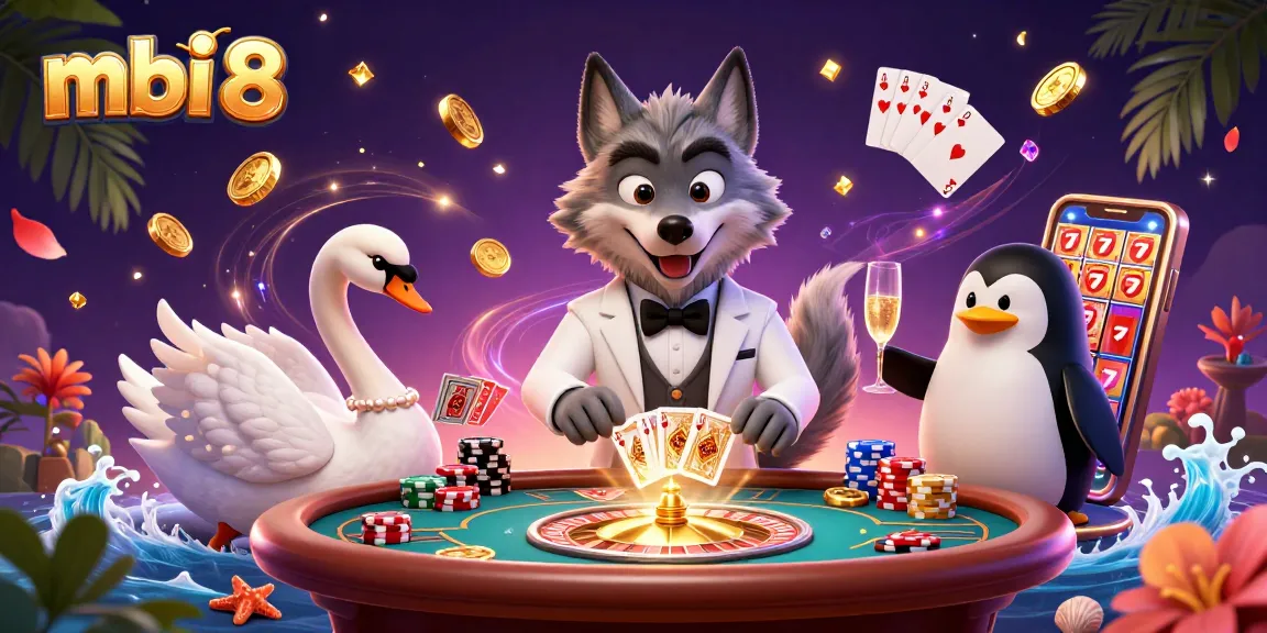 Engage in thrilling games at mbi 8 with our vibrant illustration of a wolf, swan, and penguin casino scene.