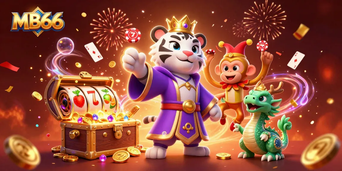 Engage in thrilling gameplay with MB66, featuring a captivating white tiger and festive casino elements.