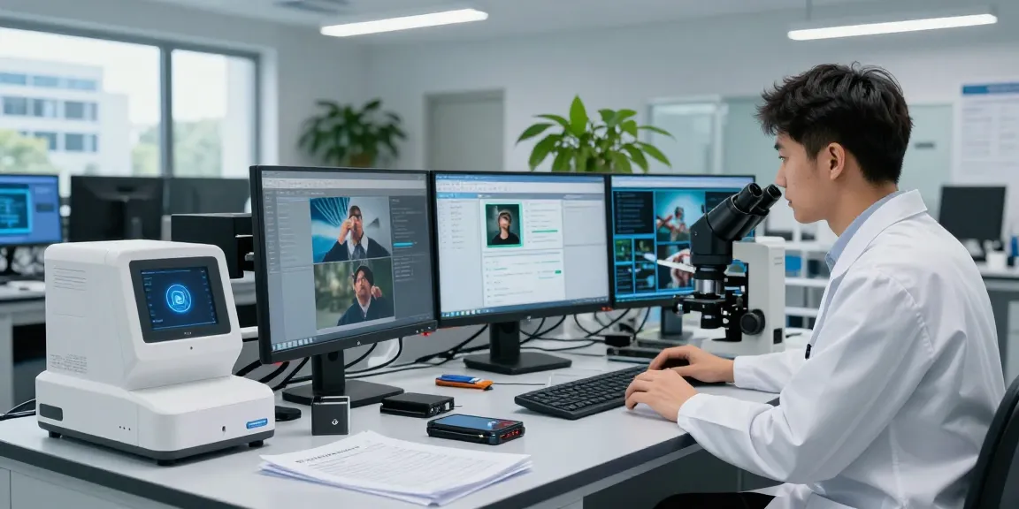 Forensic analyst using AI Image Detector tools in a modern lab to examine digital images.