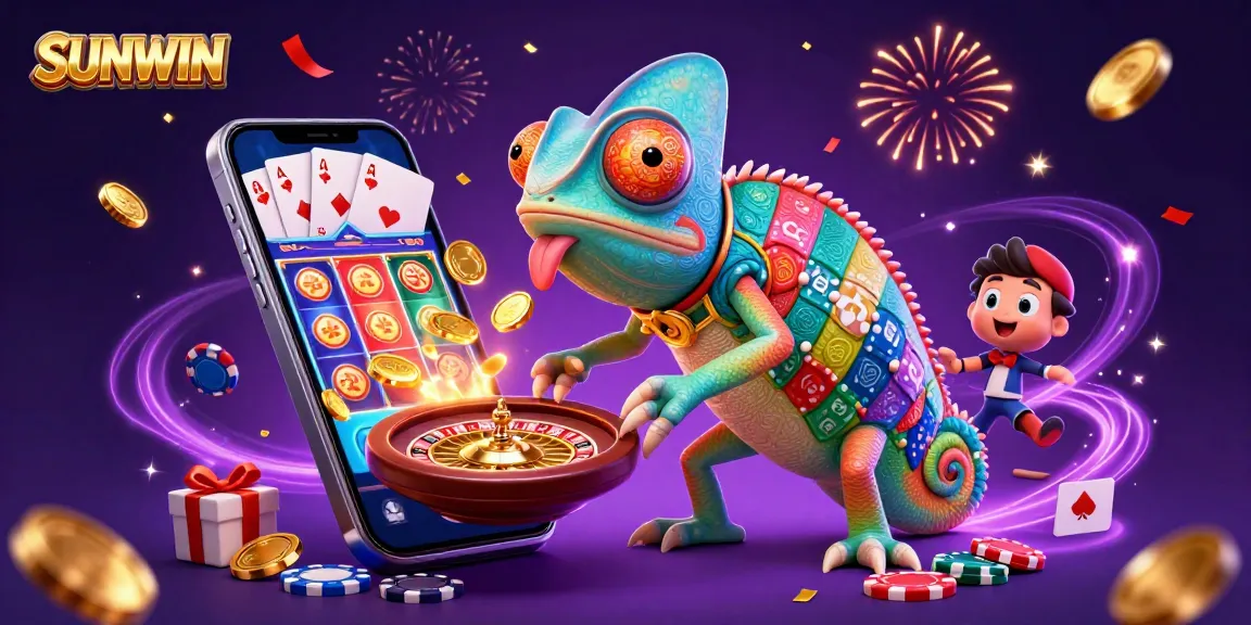 SUNWIN elevates gaming excitement with a vibrant chameleon casino owner surrounded by dynamic slot games.