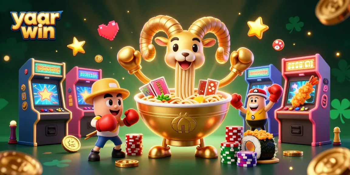 Engage with the action at yaar win while a giant ramen bowl character deals cards and stacks chips.