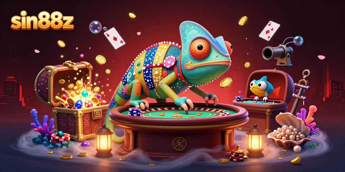 Engage with sin88z's vibrant 3D casino scene featuring a chameleon owner and colorful treasures.
