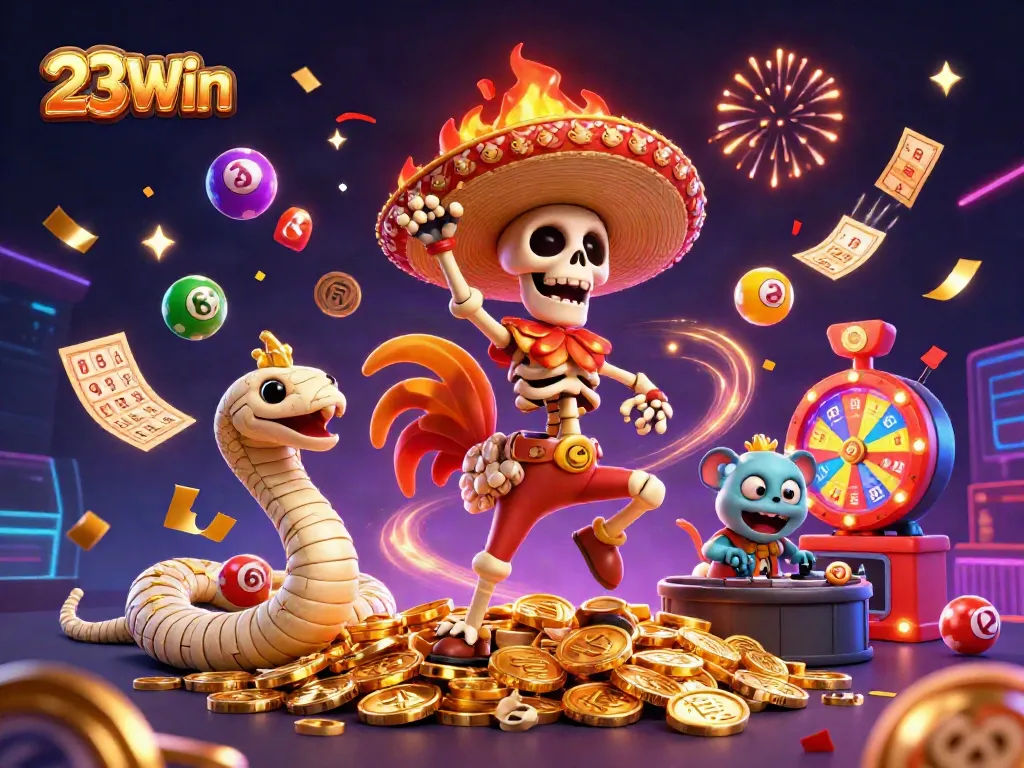 Experience exciting 23Win casino action with colorful lottery elements and dynamic characters.