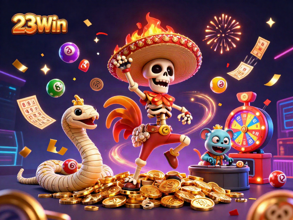 Experience exciting 23Win casino action with colorful lottery elements and dynamic characters.