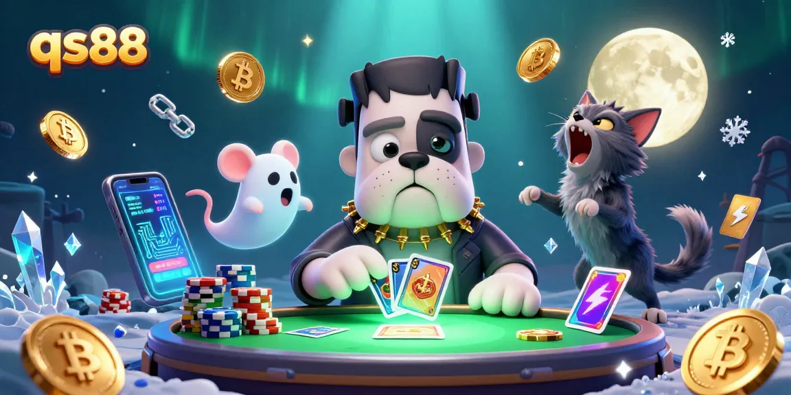 Experience thrilling card games at qs88 with a playful Frankenstein bulldog dealer and magical elements.