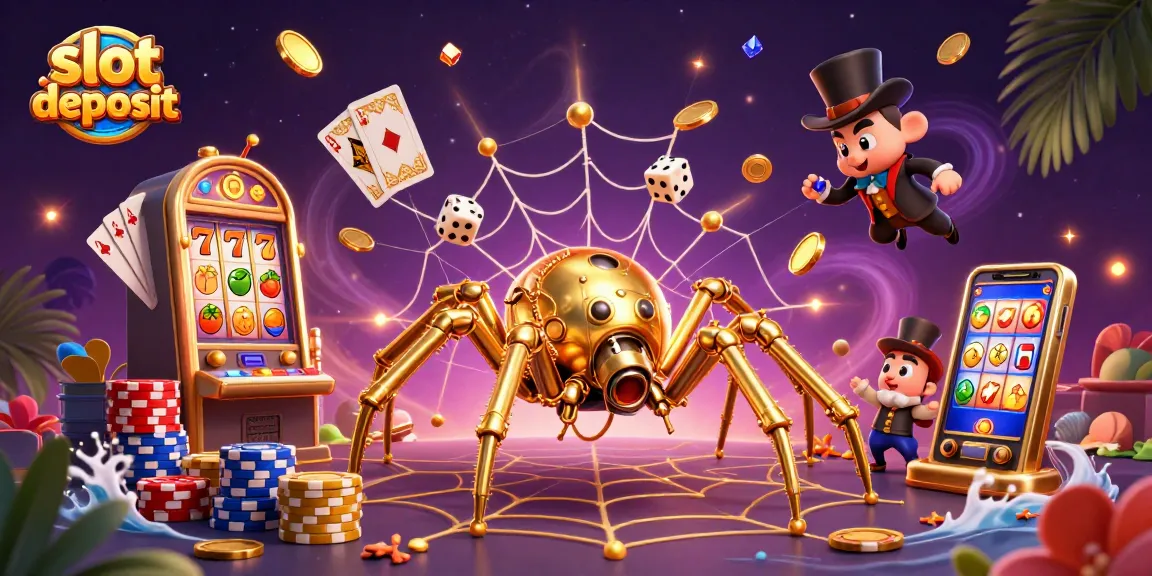 Menangkan slot deposit dengan visual menarik dari mesin slot, koin emas, dan karakter 3D.