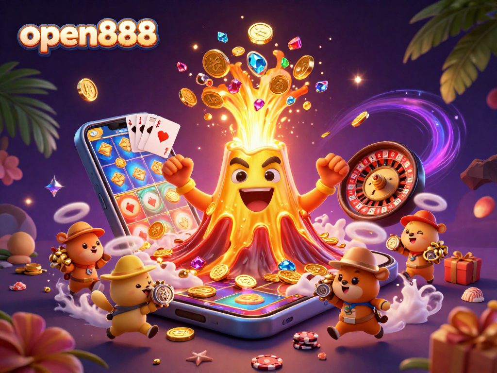 Experience thrilling wins at open888 with a vivid eruption of gaming treasures in a vibrant casino scene.
