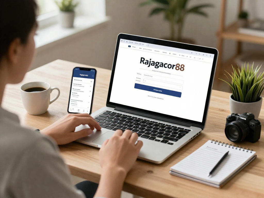 User accessing Rajagacor88's login through a laptop, showcasing a comfortable home office setup for practical online services.