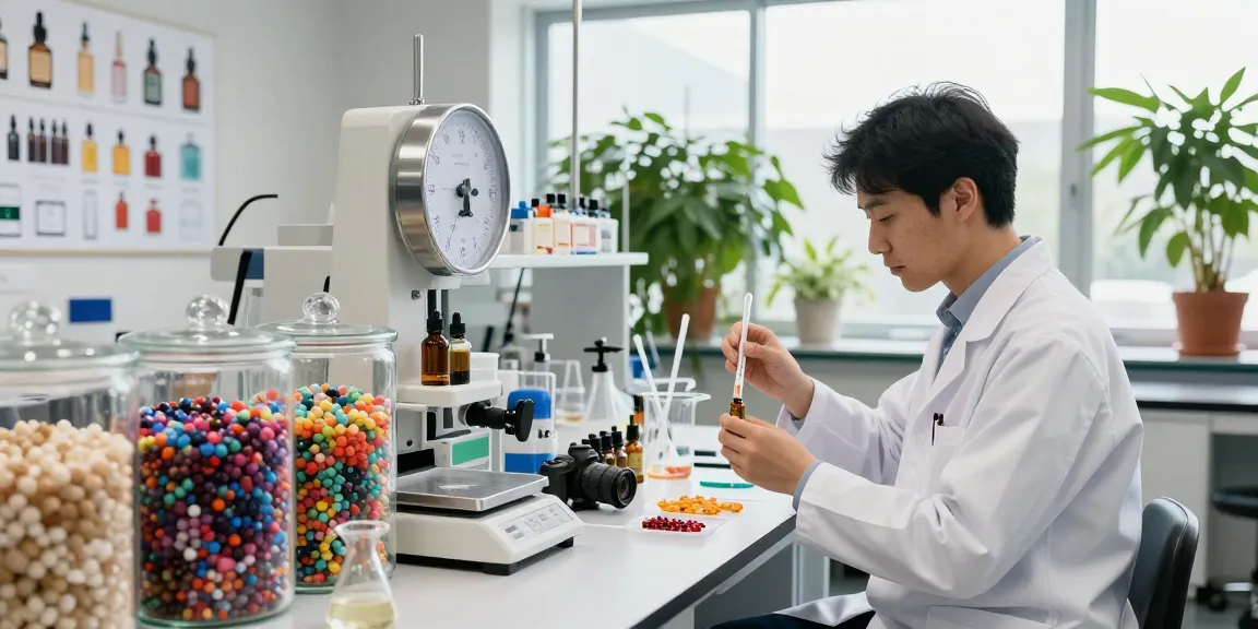 Fragrance Beads Manufacturer analyzing vibrant oils and beads in a professional lab.