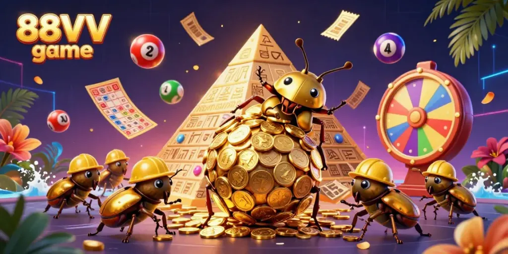 Experience the thrill of the 88VV game with a lively 3D illustration showcasing a golden dung beetle amidst a pyramid of coins.