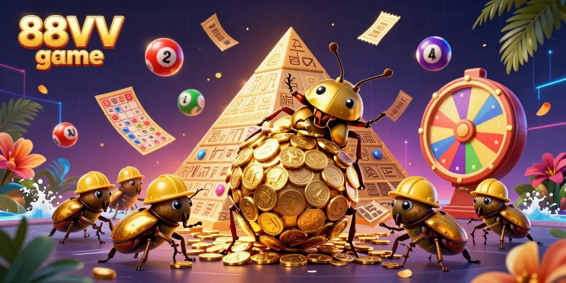 Experience the thrill of the 88VV game with a lively 3D illustration showcasing a golden dung beetle amidst a pyramid of coins.