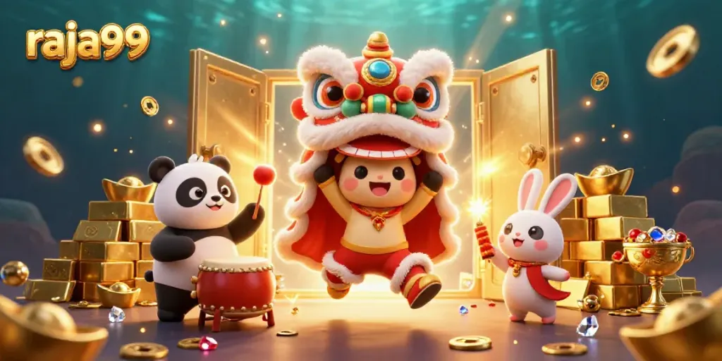 Celebrate wins with raja99 as lively characters dance among treasure in a vibrant casino scene.