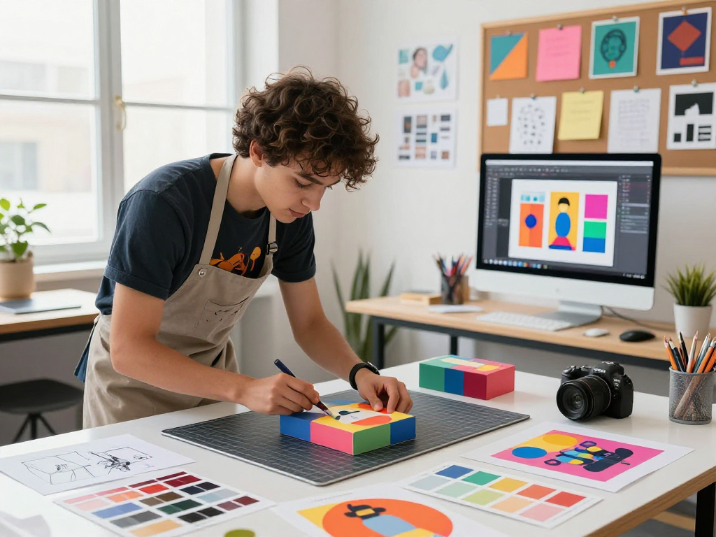 Proses desain kemasan delapantoto yang kreatif di studio desain.