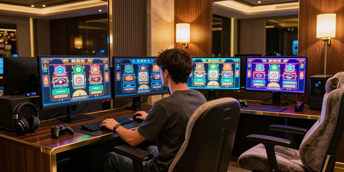 Pengalaman bermain LUXURY777 di ruang permainan mewah dengan monitor dan pencahayaan elegan.