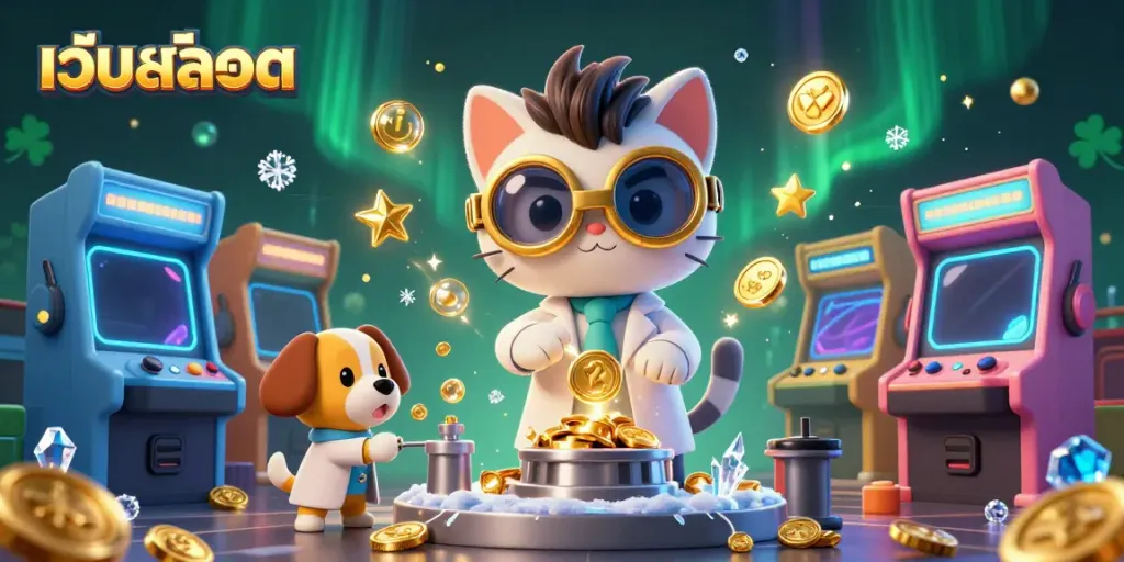 Play เว็บสล็อต as the mad scientist cat creates coins, amidst arcade game fun.