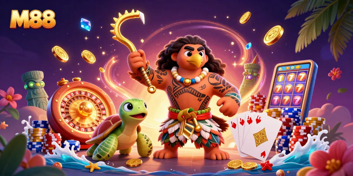 M88 sports betting adventure featuring a Maui-style hawk and a turtle amidst vibrant casino elements.