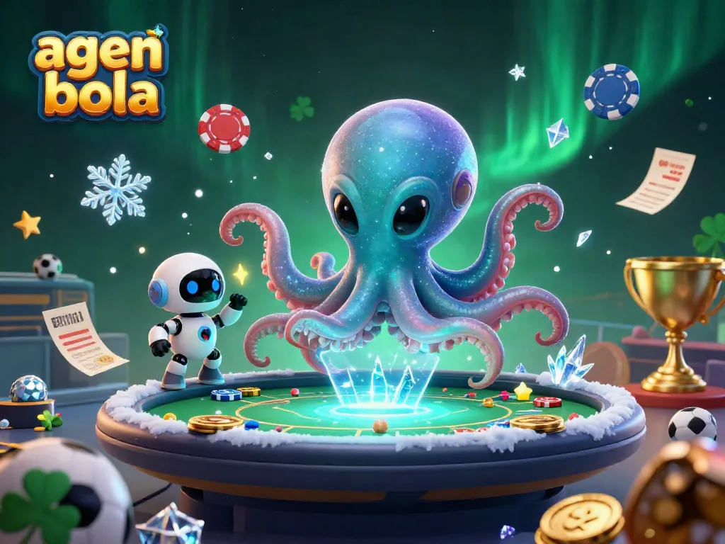 Engage in thrilling agen judi bola action with an alien octopus at a futuristic poker table in space.