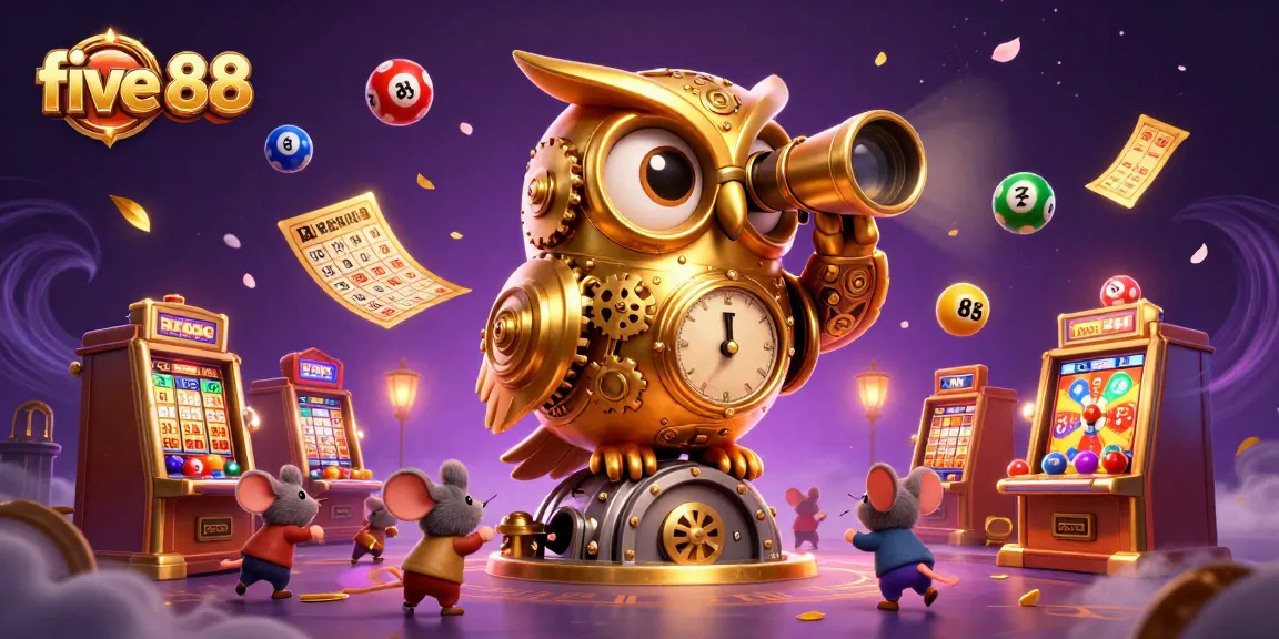 Experience the excitement of five 88 with a vibrant casino scene featuring a clockwork owl and colorful game elements.
