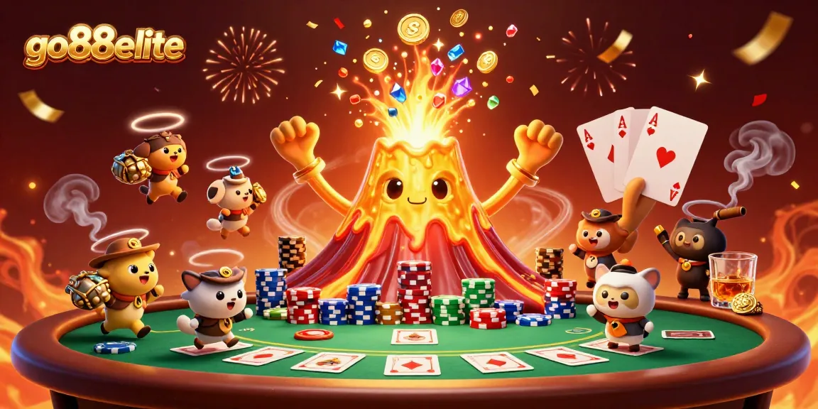 Claim exciting wins at go88elite with a triumphant, erupting volcano delivering treasures in a dynamic casino scene.
