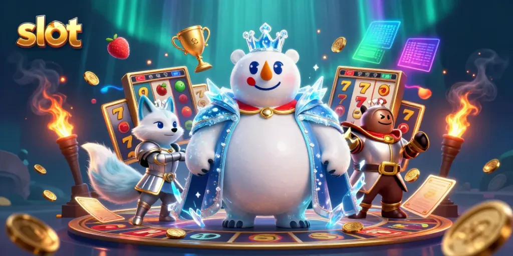 Slot permainan dengan beruang kutub raja dan rubah salju dalam desain 3D berwarna-warni.