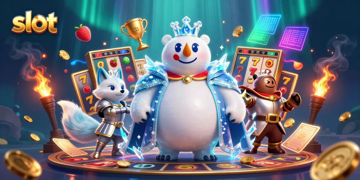 Slot permainan dengan beruang kutub raja dan rubah salju dalam desain 3D berwarna-warni.
