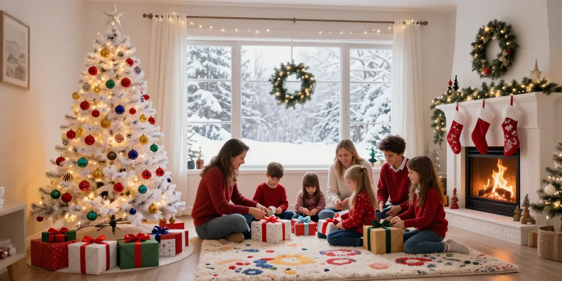 This festive scene features a white colorful Christmas tree surrounded by a joyful family wrapping presents in a cozy living room.