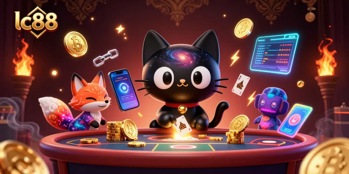 Engage with lc88's cosmic gaming world, featuring a black hole cat and nebula fox at a galactic casino.