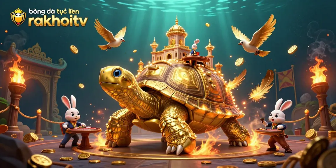 Experience bóng đá trực tuyến rakhoitv with a vibrant scene featuring a golden tortoise casino and dynamic gaming action.