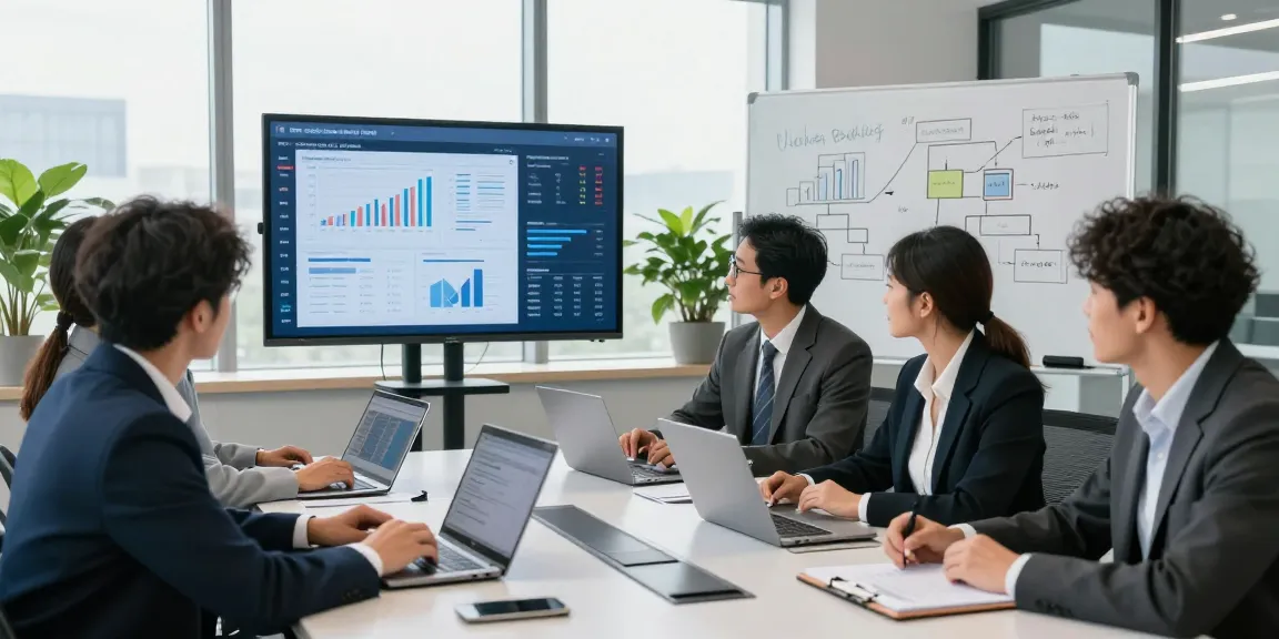 Une équipe professionnelle collaborant sur les solutions bancaires CIBC business avec des rapports financiers dans un bureau moderne.