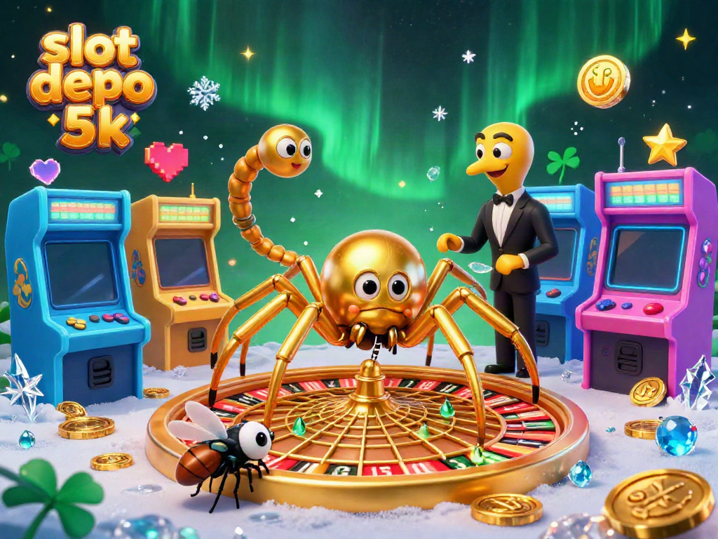 Engage with slot depo 5k as a golden spider spins a roulette wheel web, surrounded by vibrant gaming elements.