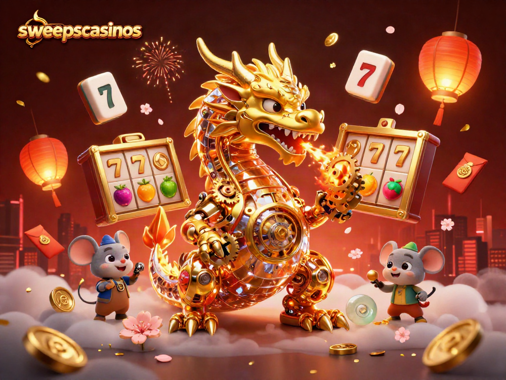 Win big at sweepscasinos with this vibrant scene of 3D characters and slot elements celebrating fortune.