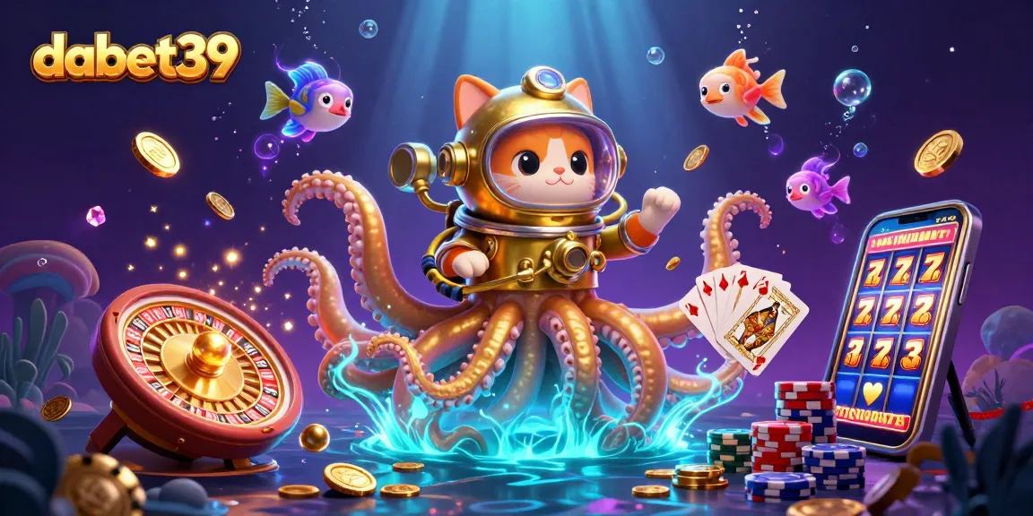 Dive into thrilling gameplay at dabet39 with a kraken, diving cat, and vibrant casino elements.
