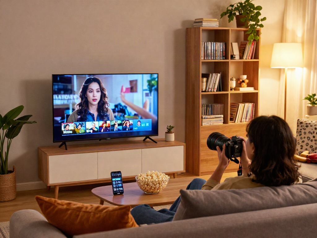 Home entertainment scene where Moviebox apk is used on a smart TV for streaming movies.