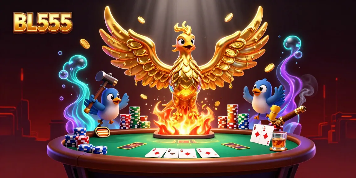Experience engaging gameplay at BL555 with a dynamic illustration showcasing a golden phoenix and poker elements.