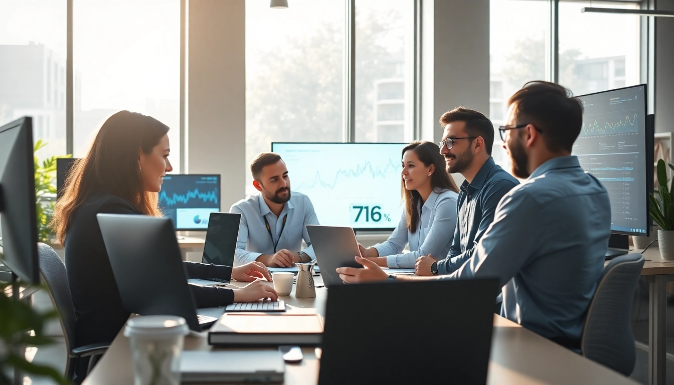 Leading digital marketing agency team actively collaborating in a bright modern workspace.