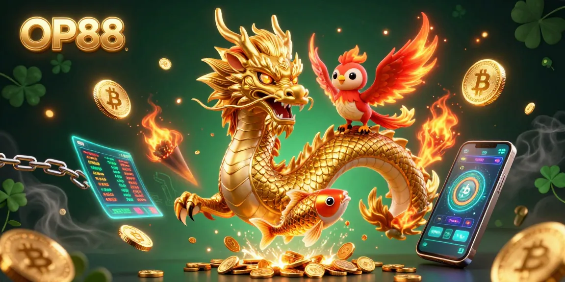 Engage in exhilarating gaming experience at OP88 featuring a golden dragon, phoenix, and koi fish amidst vibrant crypto elements.